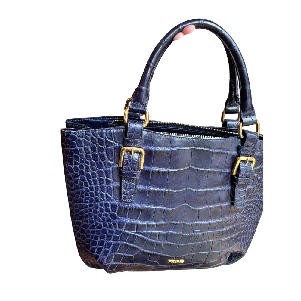 Prüne‎ Navy Blue Croc Embossed Leather Satchel Handbag Gold Hardware 9073
